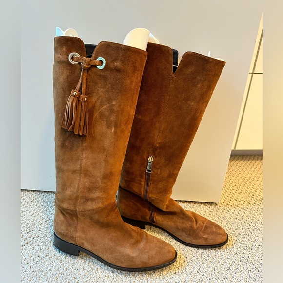 LIKE NEW M. Gemi Chestnut Tall Italian Suede Boots - Size 37 - Picture 1 of 8